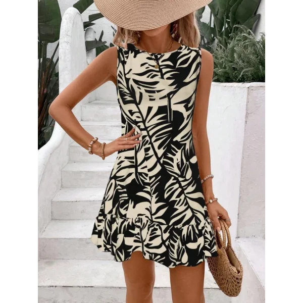 Kadın Sıfır Kollu Bisiklet Yakalı Fırfırlı Desenli Sofya Elbise