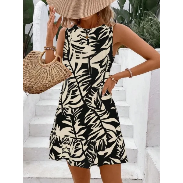 Kadın Sıfır Kollu Bisiklet Yakalı Fırfırlı Desenli Sofya Elbise