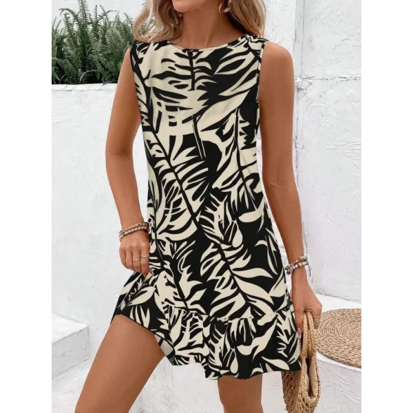 Kadın Sıfır Kollu Bisiklet Yakalı Fırfırlı Desenli Sofya Elbise