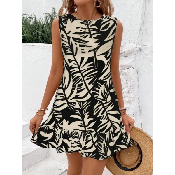 Kadın Sıfır Kollu Bisiklet Yakalı Fırfırlı Desenli Sofya Elbise