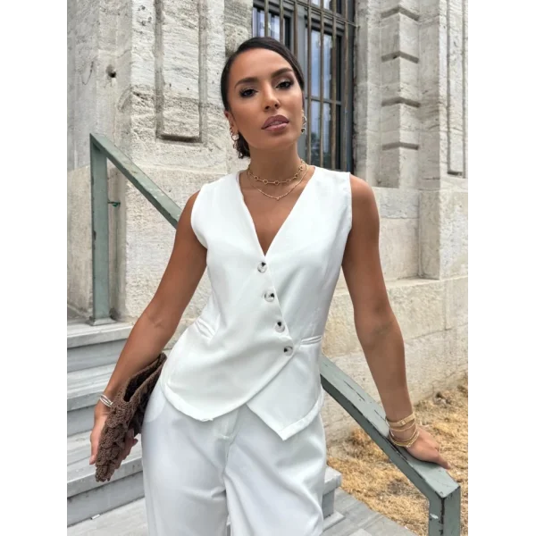 Kadın Sıfır Kollu çapraz V Yakalı önden Düğmeli Atlas Yelek Ve Pantolon Ikili Takım