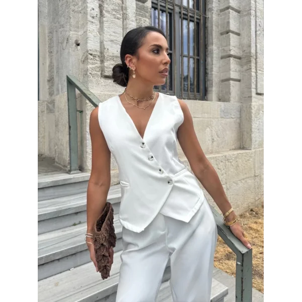 Kadın Sıfır Kollu çapraz V Yakalı önden Düğmeli Atlas Yelek Ve Pantolon Ikili Takım