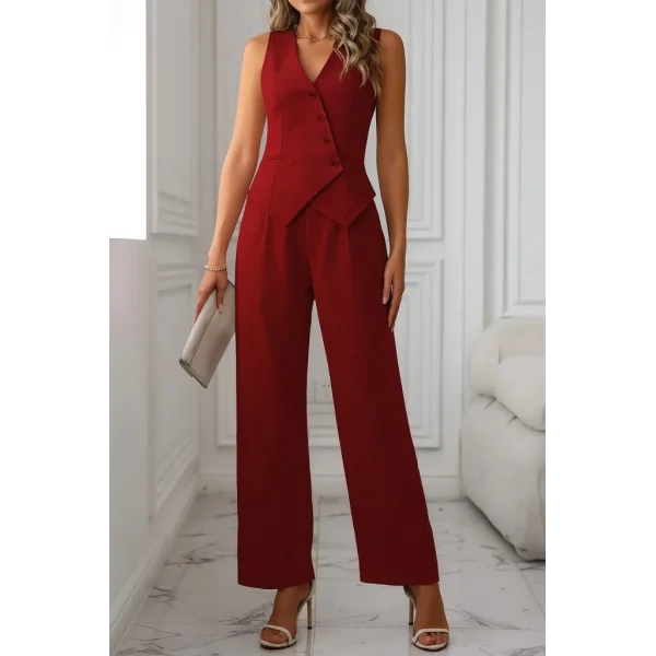 Kadın Sıfır Kollu çapraz V Yakalı önden Düğmeli Atlas Yelek Ve Pantolon Ikili Takım