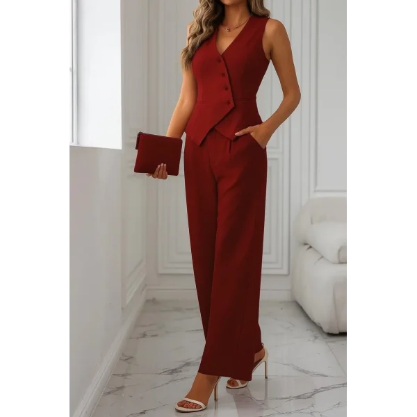 Kadın Sıfır Kollu çapraz V Yakalı önden Düğmeli Atlas Yelek Ve Pantolon Ikili Takım