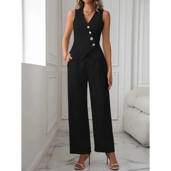 Kadın Sıfır Kollu çapraz V Yakalı önden Düğmeli Atlas Yelek Ve Pantolon Ikili Takım