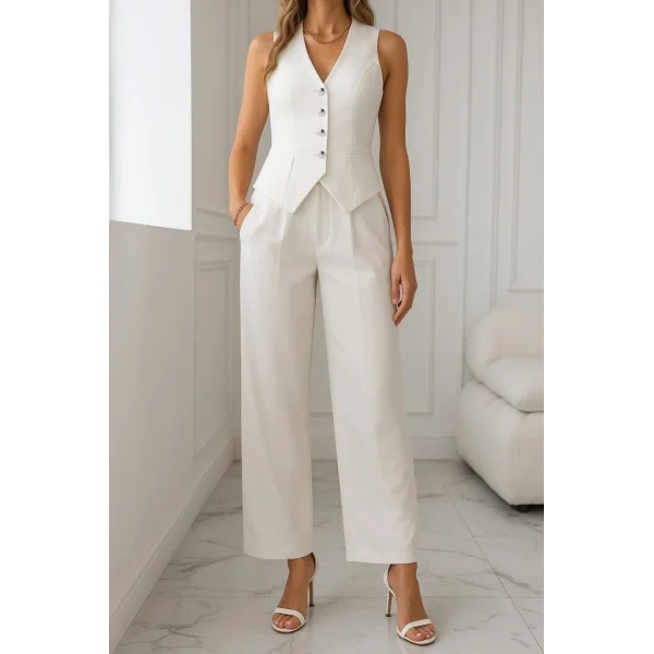 Kadın Sıfır Kollu çapraz V Yakalı önden Düğmeli Atlas Yelek Ve Pantolon Ikili Takım