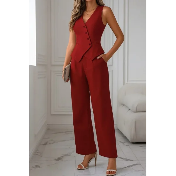 Kadın Sıfır Kollu çapraz V Yakalı önden Düğmeli Atlas Yelek Ve Pantolon Ikili Takım