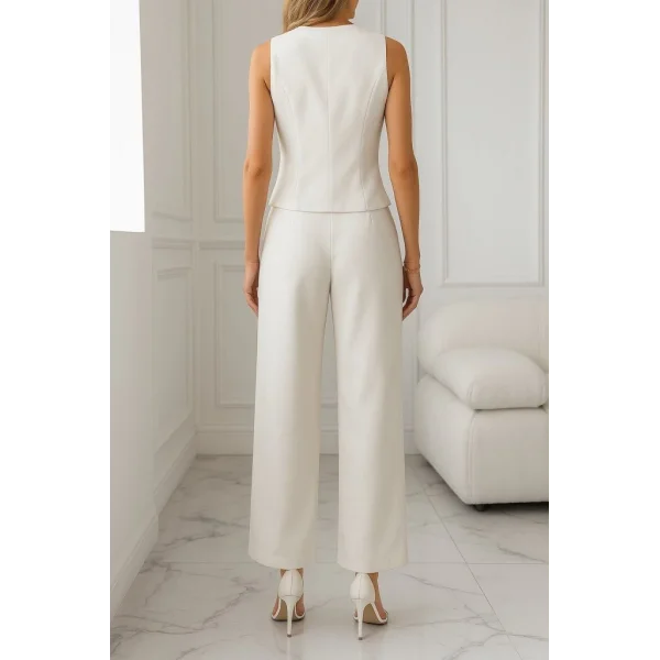 Kadın Sıfır Kollu çapraz V Yakalı önden Düğmeli Atlas Yelek Ve Pantolon Ikili Takım