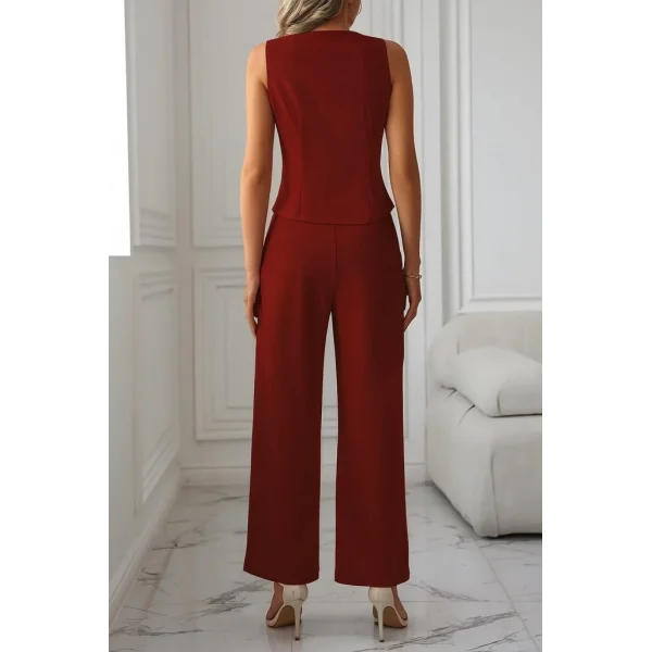 Kadın Sıfır Kollu çapraz V Yakalı önden Düğmeli Atlas Yelek Ve Pantolon Ikili Takım