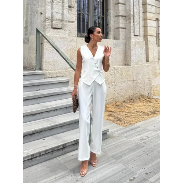 Kadın Sıfır Kollu çapraz V Yakalı önden Düğmeli Atlas Yelek Ve Pantolon Ikili Takım