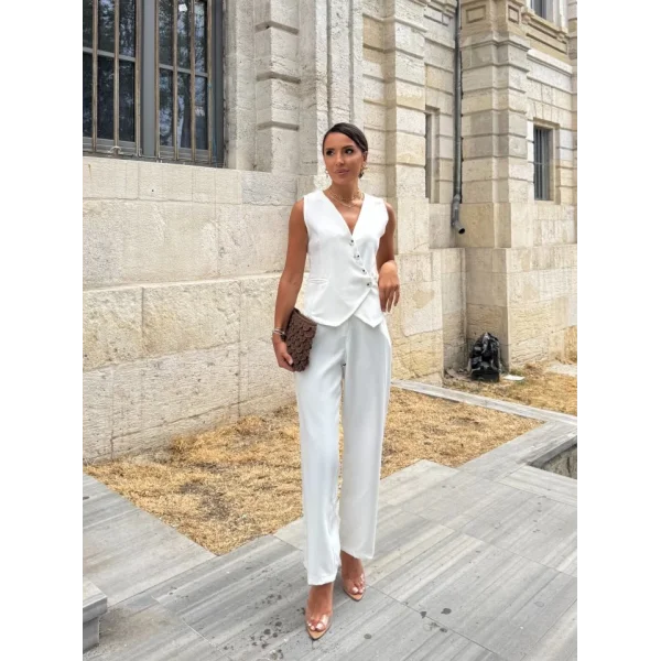 Kadın Sıfır Kollu çapraz V Yakalı önden Düğmeli Atlas Yelek Ve Pantolon Ikili Takım