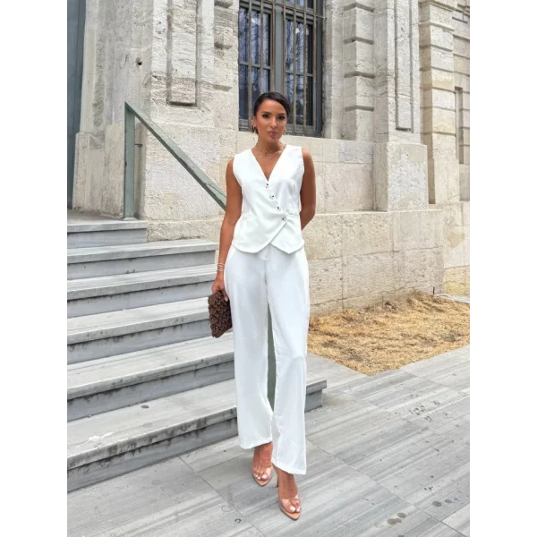 Kadın Sıfır Kollu çapraz V Yakalı önden Düğmeli Atlas Yelek Ve Pantolon Ikili Takım