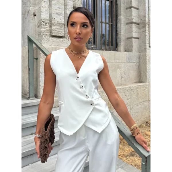 Kadın Sıfır Kollu çapraz V Yakalı önden Düğmeli Atlas Yelek Ve Pantolon Ikili Takım