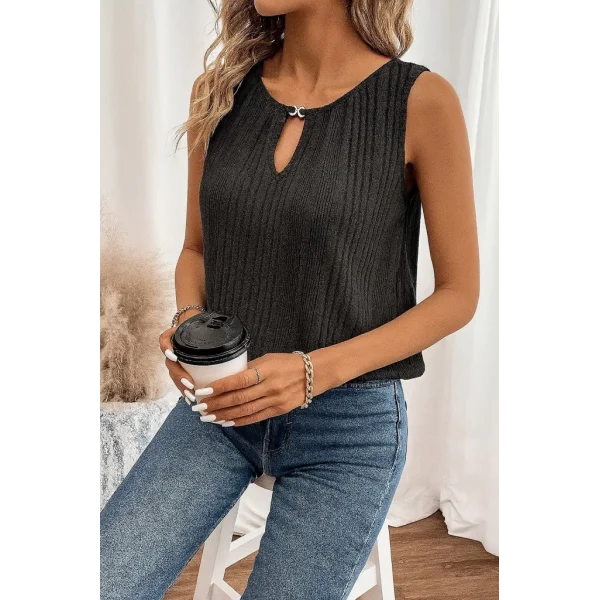 Kadın Sıfır Kollu Düğmeli Damla Yaka Detaylı Triko Bluz