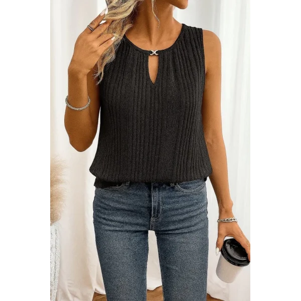 Kadın Sıfır Kollu Düğmeli Damla Yaka Detaylı Triko Bluz