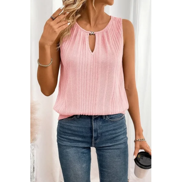 Kadın Sıfır Kollu Düğmeli Damla Yaka Detaylı Triko Bluz