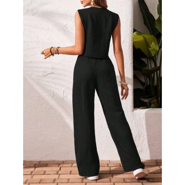 Kadın Sıfır Kollu Düğmeli Yelek Ve Pantolon Bürümcük Ikili Takım