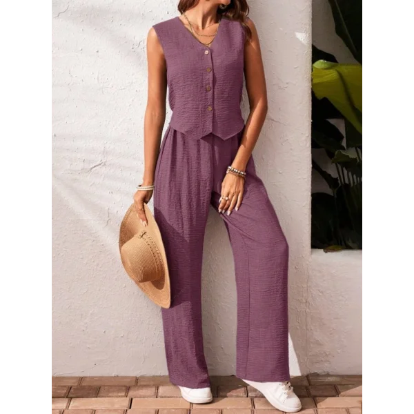 Kadın Sıfır Kollu Düğmeli Yelek Ve Pantolon Bürümcük Ikili Takım