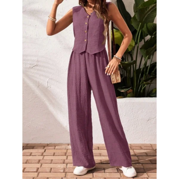 Kadın Sıfır Kollu Düğmeli Yelek Ve Pantolon Bürümcük Ikili Takım