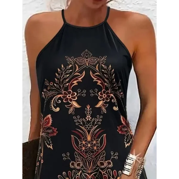 Kadın Sıfır Kollu Halter Yakalı Desenli Süprem Elbise