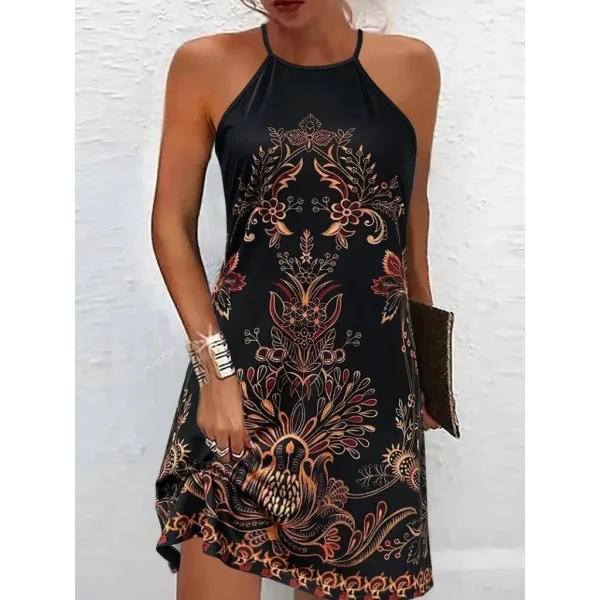 Kadın Sıfır Kollu Halter Yakalı Desenli Süprem Elbise