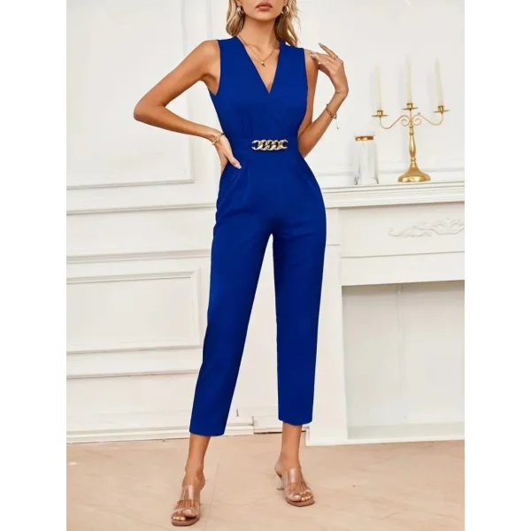 Kadın Sıfır Kollu Kruvaze Detaylı Ithal Krep Tulum