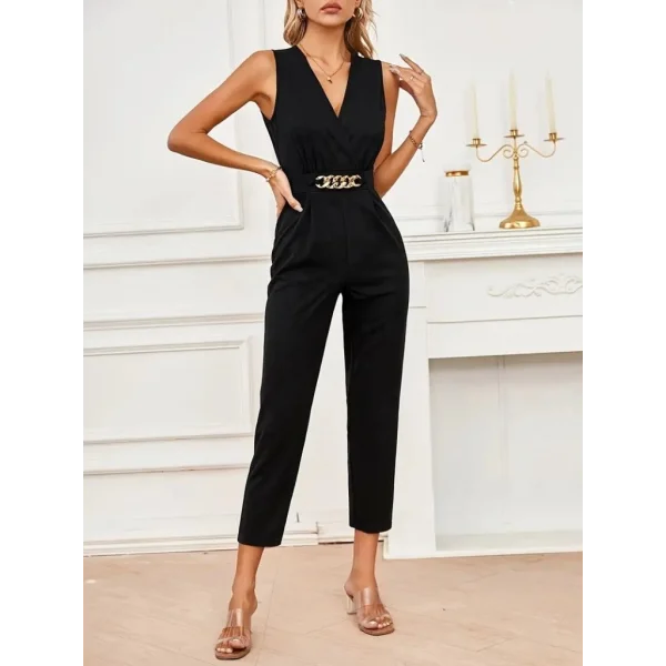 Kadın Sıfır Kollu Kruvaze Detaylı Ithal Krep Tulum