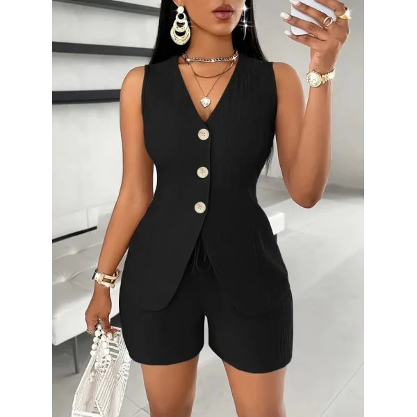 Kadın Sıfır Kollu önden Düğmeli Ithal Krep Ceket Ve Short Ikili Takım