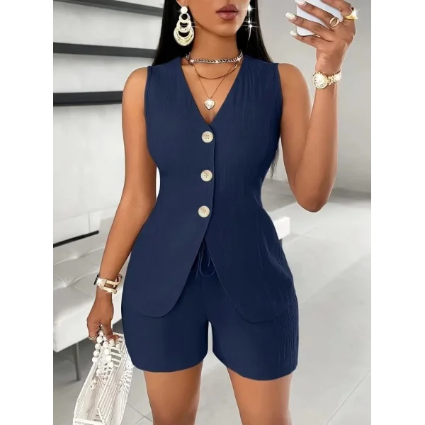 Kadın Sıfır Kollu önden Düğmeli Ithal Krep Ceket Ve Short Ikili Takım