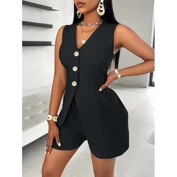 Kadın Sıfır Kollu önden Düğmeli Ithal Krep Ceket Ve Short Ikili Takım