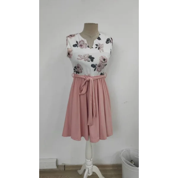 Kadın Sıfır Kollu V Yakalı çiçek Baskılı Beli Kuşaklı Dalgıç Elbise