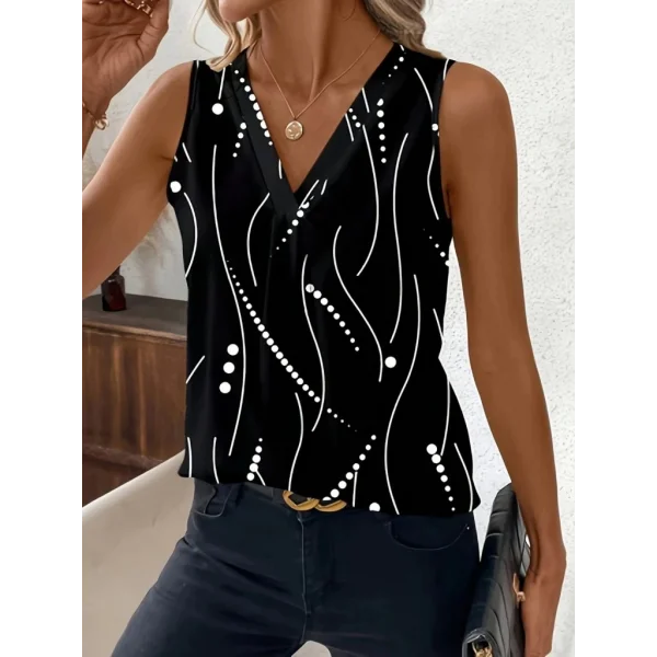 Kadın Sıfır Kollu V Yakalı Desenli Dalgıç Bluz