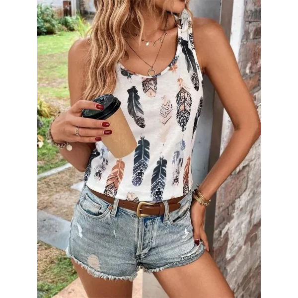 Kadın Sıfır Kollu V Yakalı Yaprak Desenli Süprem Bluz