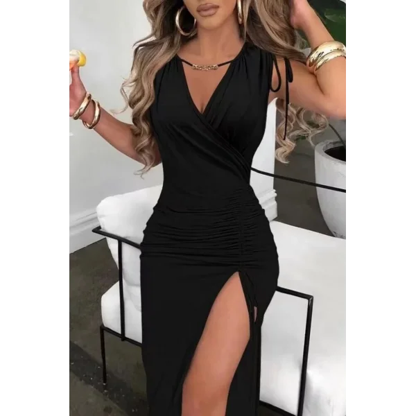 Kadın Sıfır Kollu V Yakalı Yırtmaç Detaylı Beli Büzgülü Omuzdan Bağcıklı Sandy Maxi Elbise