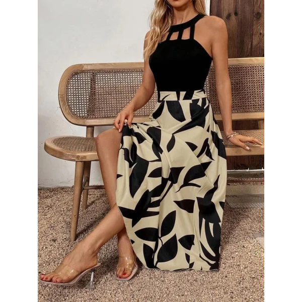 Kadın Sıfır Kollu Yakadan şeritli Omuzlardan Açık Janjan Krep Desenli Al Dalgıç Maxi Elbise