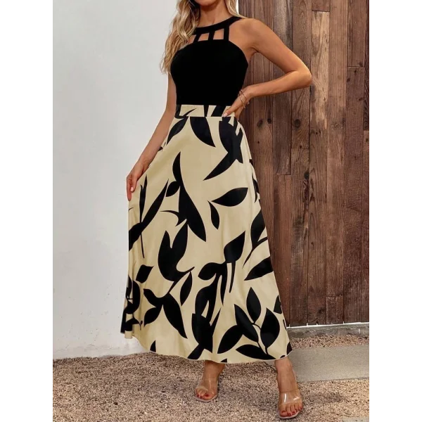 Kadın Sıfır Kollu Yakadan şeritli Omuzlardan Açık Janjan Krep Desenli Al Dalgıç Maxi Elbise