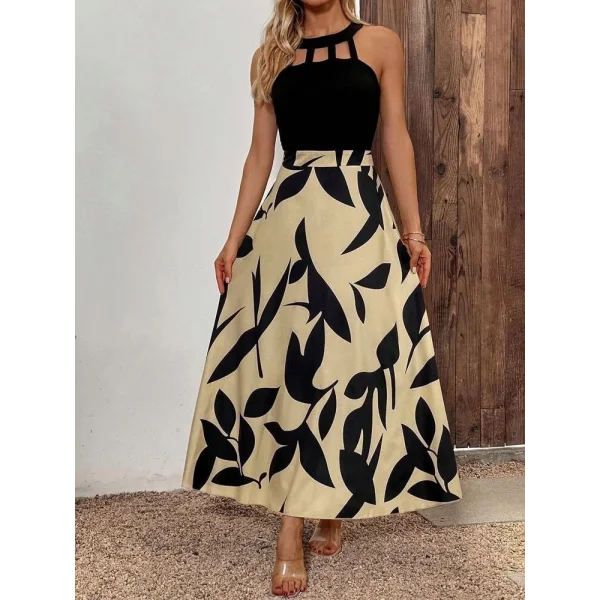 Kadın Sıfır Kollu Yakadan şeritli Omuzlardan Açık Janjan Krep Desenli Al Dalgıç Maxi Elbise