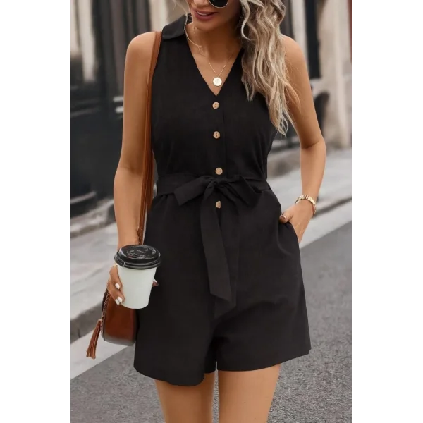 Kadın Sıfır Kollu Yakalı Düğmeli Belden Kuşaklı Kısa Keten Tulum