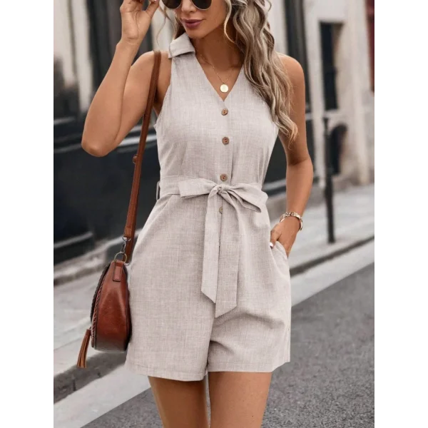 Kadın Sıfır Kollu Yakalı Düğmeli Belden Kuşaklı Kısa Keten Tulum