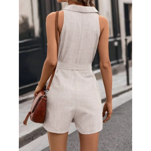 Kadın Sıfır Kollu Yakalı Düğmeli Belden Kuşaklı Kısa Keten Tulum