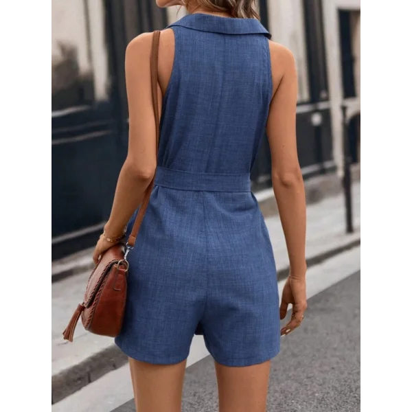 Kadın Sıfır Kollu Yakalı Düğmeli Belden Kuşaklı Kısa Keten Tulum