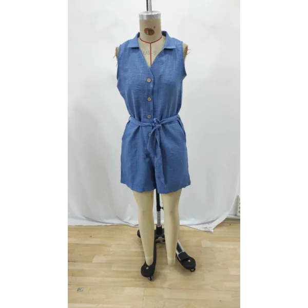 Kadın Sıfır Kollu Yakalı Düğmeli Belden Kuşaklı Kısa Keten Tulum