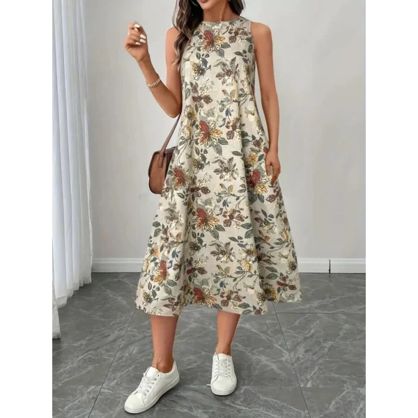 Kadın Sıfır Kollu Yuvarlak Yaka Desenli Ithal Keten Midi Elbise