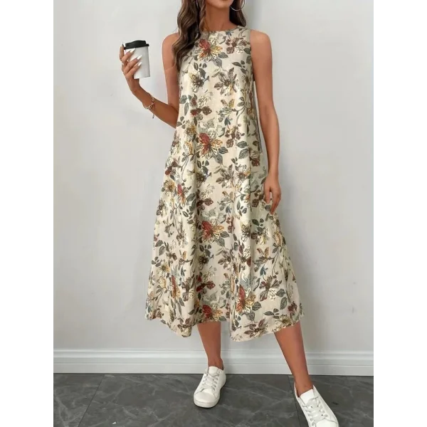 Kadın Sıfır Kollu Yuvarlak Yaka Desenli Ithal Keten Midi Elbise