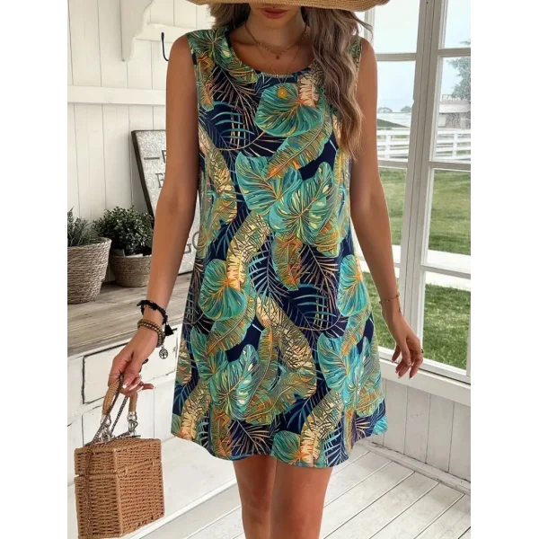 Kadın Sıfır Kollu Yuvarlak Yaka Desenli Süprem Elbise