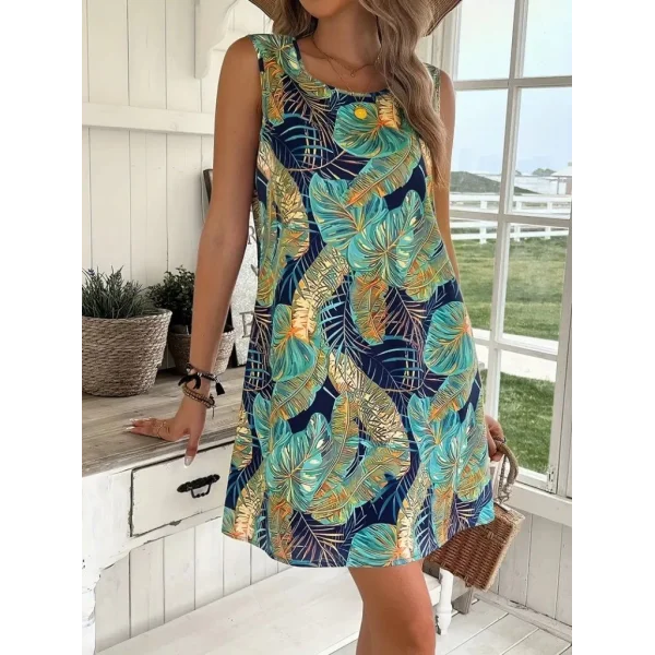 Kadın Sıfır Kollu Yuvarlak Yaka Desenli Süprem Elbise