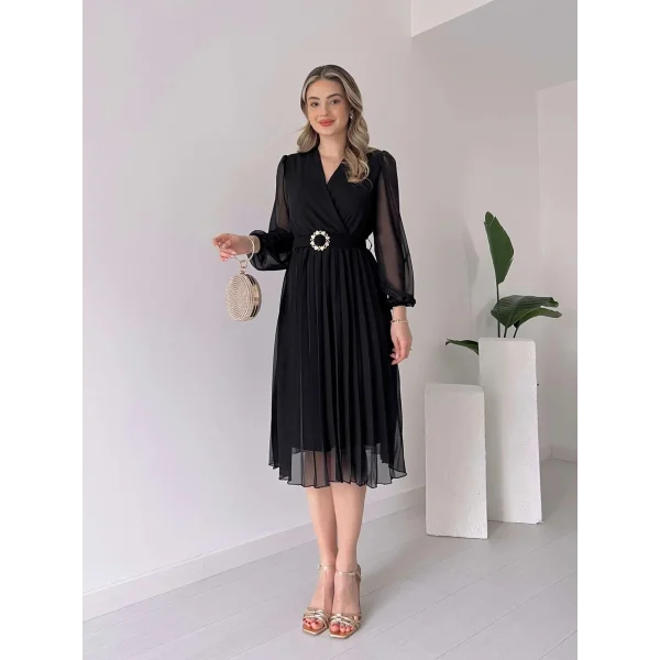 Kadın şifon Kumaş Astalı Kloş Kesim Kruvaze Yaka idi Boy Elbise