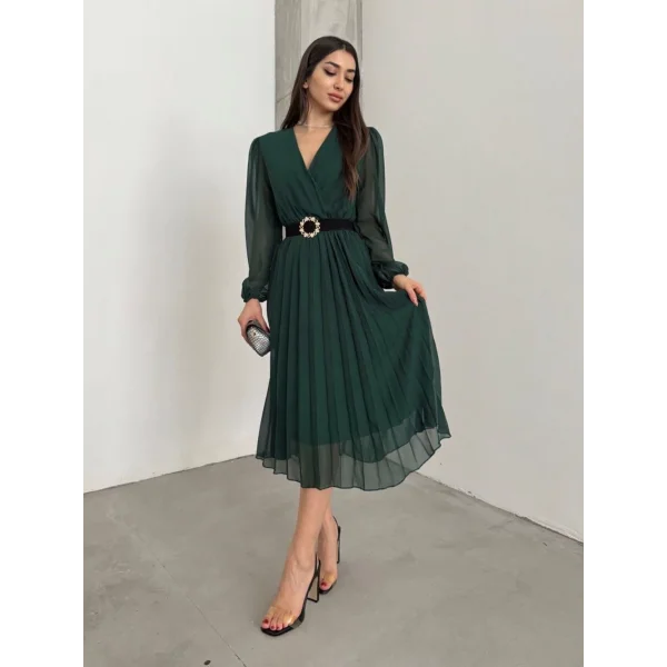 Kadın şifon Kumaş Astalı Kloş Kesim Kruvaze Yaka idi Boy Elbise