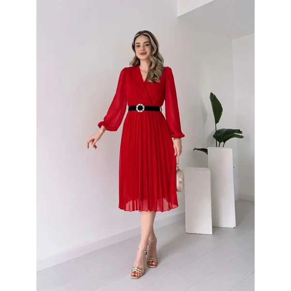 Kadın şifon Kumaş Astalı Kloş Kesim Kruvaze Yaka idi Boy Elbise