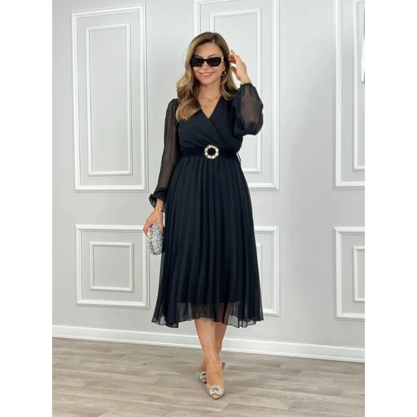 Kadın şifon Kumaş Astalı Kloş Kesim Kruvaze Yaka idi Boy Elbise